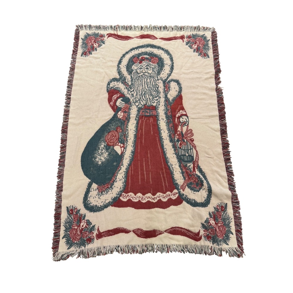 Vintage Woven Santa Claus Christmas Tapestry Throw Blanket Fringed Red Green